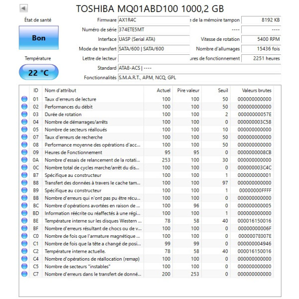 Disque dur 2,5" Toshiba 1To (1000Go) Sata